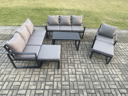 Fimous Aluminium 6 Pieces Garden Furniture Set with Cushions 9 Seater Outdoor Patio Lounge Sofa Set with Armchair 2 Big Footstools Dark Grey