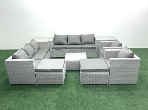Fimous Outdoor Rattan Sofa Garden Furniture Set with 2 Armchairs Square Coffee Table 2 Big Footstools 2 Side Tables Light Grey Mixed
