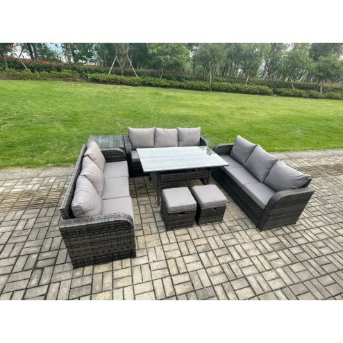 Fimous Patio Rattan Garden Furniture Set with Oblong Rectangular Dining Table 2 Small Footstools Side Table 11 Seater Outdoor Lounge Sofa Set Dark Grey Mixed
