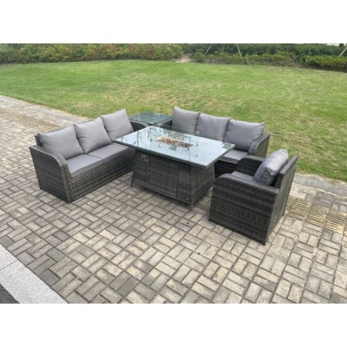 Fimous Rattan Outdoor Furniture Gas Fire Pit Rectangle Dining Table Gas Heater Reclining Chair 3 Seater Sofa Sets with Side Table 7 Seater