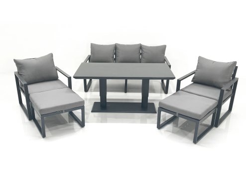 Fimous Outdoor Aluminium Garden Furniture Set with Adjustable Rising Lifting Dining Table 3 Seater Sofa 2 Chair 2 Big Footstools Dark Grey