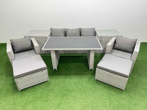 Fimous Patio Garden Furniture Sets with Black Glass Top Dining Table Armchair 3 Seater Sofa 2 Side Tables 2 Big Stool Light Grey