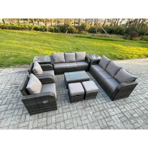Fimous Rattan Outdoor Garden Furniture Sofa Set Patio Table & Chairs Set with 3 Seater Sofa Reclining Chair 2 Small Footstools 3 Seater Sofa 2 Side Tables Dark Grey Mixed