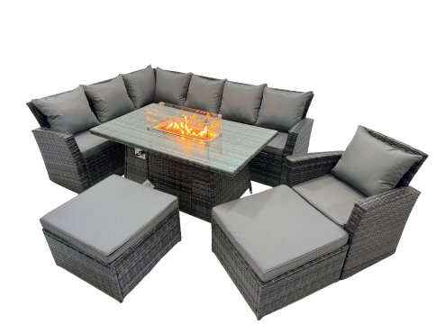 Fimous Poly Rattan Outdoor Patio Gas Firpit Dining Table Corner Sofa Set with 2 Big Stools Chair for Garden Backyard Dark Grey Mixed