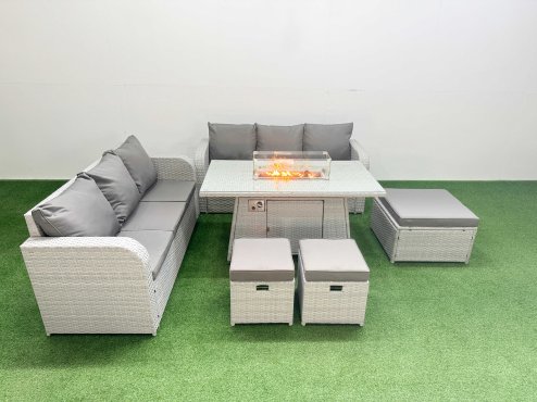 Fimous Outdoor Garden Furniture Sets 9 Seater Wicker Rattan Furniture Sofa Sets with Firepit Dining Table high Back Lounge Sofa 3 Stools Light Grey