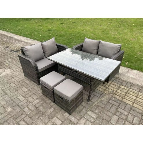 Fimous 6 Seater Dark Grey Mixed PE Wicker Rattan Garden Furniture Set Love Sofa 2 Seater Sofa Set Outdoor Rectangular Dining Table With 2 Stools