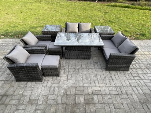 Fimous Outdoor Garden Furniture Sets 9 Pieces Wicker Rattan Furniture Sofa Dining Table Set with 2 Small Footstools 2 Side Tables Dark Grey Mixed