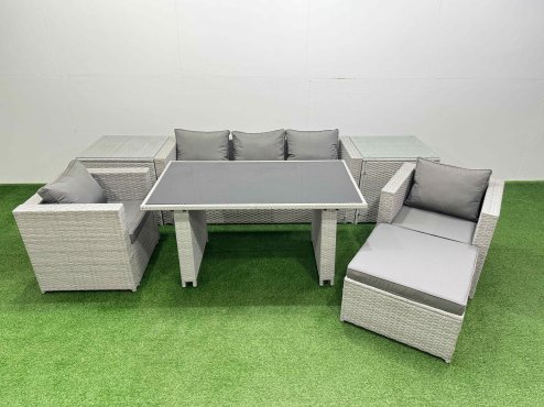 Fimous Patio Garden Furniture Sets with Black Glass Top Dining Table Armchair 3 Seater Sofa 2 Side Tables Big Stool Light Grey