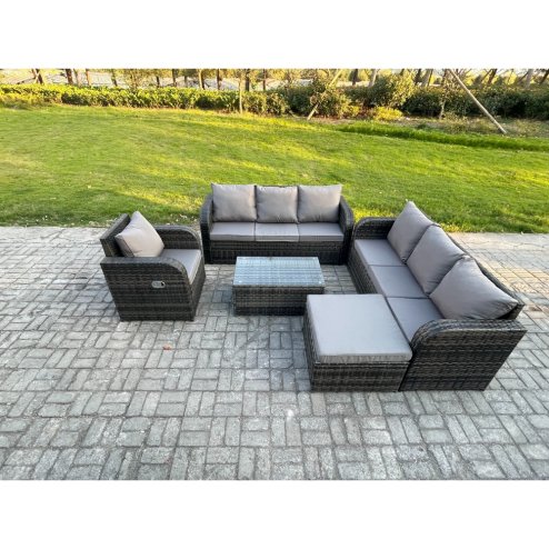 Fimous 8 Seater Rattan Outdoor Garden Furniture Sofa Set Patio Table & Chairs Set with 3 Seater Sofa Reclining Chair 3 Seater Sofa Big Footstool Dark Grey Mixed