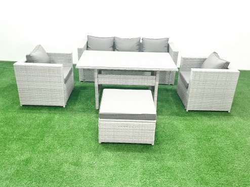 Fimous Garden Dining Set Outdoor Rattan Furniture Set with Sofa Dining Table 2 Chairs Big Footstool Light Grey Mixed