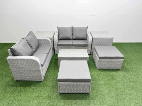 Fimous 6 Seater Outdoor Love Sofa Set Rattan Garden Furniture Set with Rectangular Coffee Table 2 Footstool 2 Side Tables Light Grey