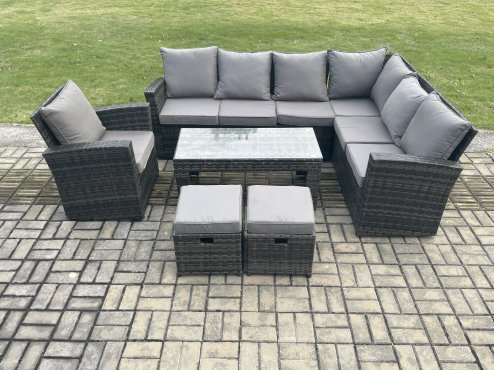 Fimous 9 Seat Rattan Garden Furniture Corner Sofa Set Outdoor Patio Sofa Table Set with 2 Small Footstools Armchair Dark Grey Mixed