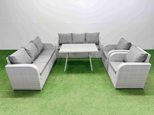 Fimous Rattan High Back Lounge Sofa Set Patio Dining Table & Chairs Set with 3 Seater Sofa 2 Reclining Chairs Light Grey