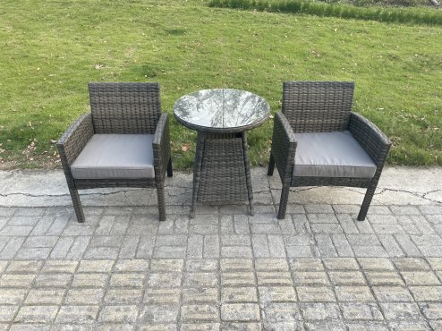 Fimous Wicker PE Outdoor Rattan Garden Furniture Arm Chair And Table Dining Sets 2 Seater Small Round Table Dark Grey Mixed