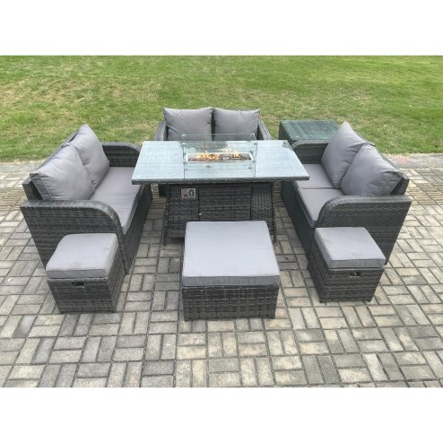 Fimous 9 Seater Outdoor Rattan Furniture Garden Dining Set Gas Fire Pit Table with Side Table Love Sofa 3 Footstools Dark Grey Mixed