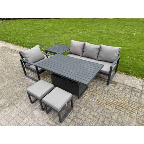 Fimous Aluminum Outdoor Dining Set Patio Dining Furniture Set Includes Adjustable Rising Lifting Dining Table Chairs with 2 Small Footstools