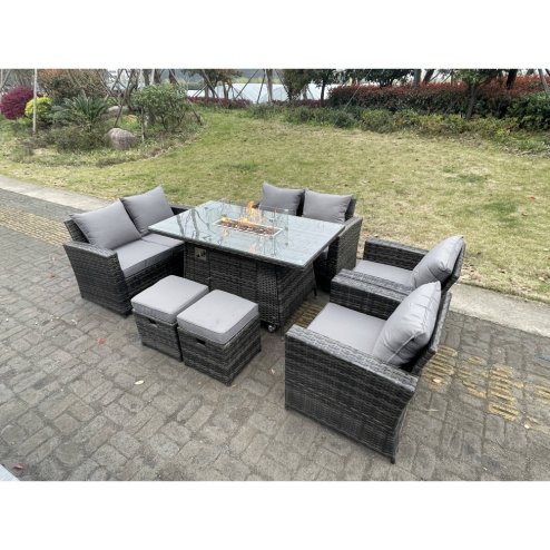 Fimous Rattan Outdoor Furniture Gas Fire Pit Rectangle Dining Table Gas Heater Chairs Two Seater Love Sofa Sets Footstools 8 Seater