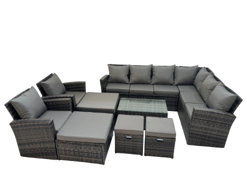 Fimous Rattan Garden Outdoor Furniture Set 12 Seater Garden Sofa Coffee Table Set with Chair 4 Footstools Dark Grey Mixed