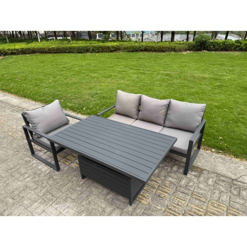 Fimous Aluminium Garden Furniture Set Adjustable Rising Lifting Dining Table and 6 Chairs Set Dark Grey