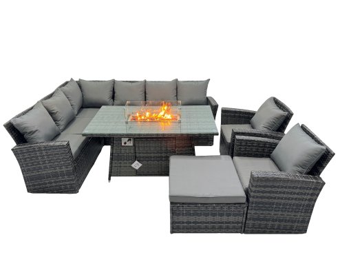 Fimous Poly Rattan Outdoor Patio Gas Firpit Dining Table Corner Sofa Set with Big Stool 2 Chairs for Garden Backyard Dark Grey Mixed