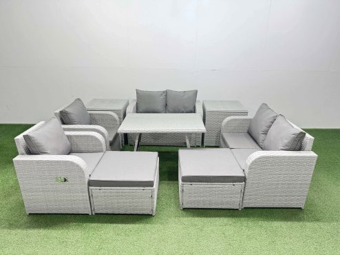 Fimous 8 Seater Rattan Garden Furniture Set Outdoor Love Sofa Set with Rectangular Dining Table 2 Side Tables 2 Big Footstools Light Grey