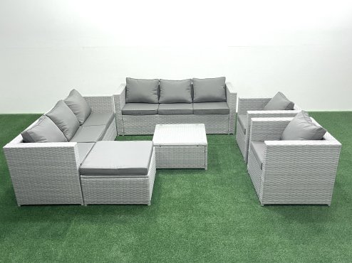Fimous Outdoor Rattan Sofa Garden Furniture Set with 2 Armchairs Square Coffee Table Big Footstool Light Grey Mixed
