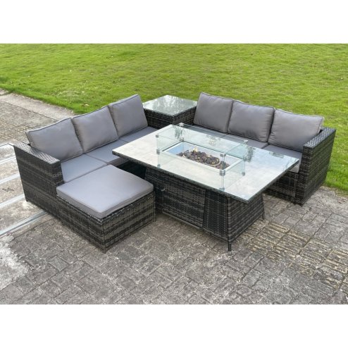 Fimous Outdoor PE Rattan Garden Corner Furniture Gas Fire Pit Table Sets Gas Heater Lounge Big Footstool Dark Grey 7 Seater