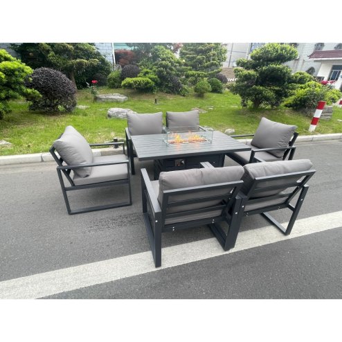 Fimous Aluminum Top 6 Seat Garden Furniture Dining Set Gas Fire Pit Table And Chairs Burner Heater Patio Outdoor Dark Grey