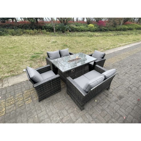 Fimous Rattan Outdoor Furniture Gas Fire Pit Rectangle Dining Table Gas Heater Chairs Two Seater Love Sofa Sets 6 Seater