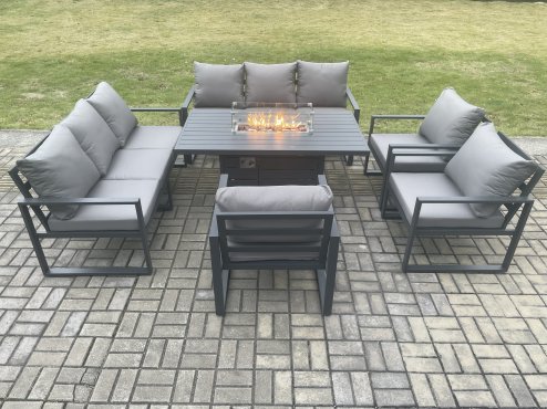 Fimous Aluminium Garden Furniture Outdoor Set Patio Lounge Sofa Gas Fire Pit Dining Table Set with 3 Armchair Dark Grey