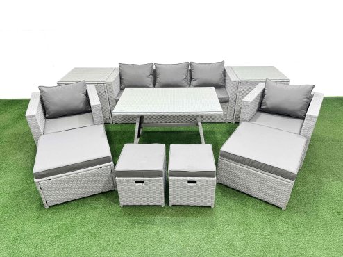 Fimous 10 Pieces Outdoor PE Rattan Sofa Armchair Set Patio Garden Furniture Sets with Cushions 2 Side Tables 4 Stools Light Grey