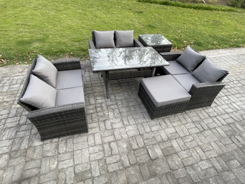 Fimous 7 Seater Rattan Wicker Garden Furniture Patio Conservatory Sofa Set Indoor Outdoor with Dining Table Double Seat Sofa Big Footstool Side Table
