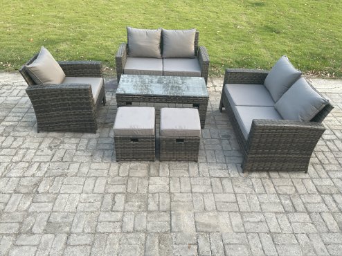 Fimous 7 Seater Rattan Outdoor Garden Furniture Sofa Set with Coffee Table 2 Small Footstool Dark Grey Mixed