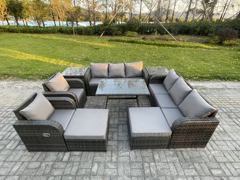 Fimous Outdoor Lounge Sofa Set Wicker PE Rattan Garden Furniture Set with Rectangular Dining Table 2 Side Tables 2 Big Footstool Dark Grey Mixed