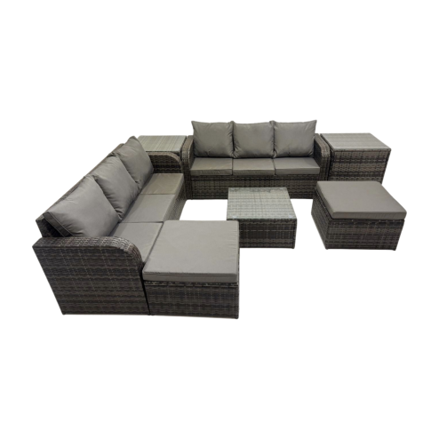Fimous Rattan Garden Outdoor Furniture Set 3 Seater Sofa Square Coffee Table Set with 2 Big Stools 2 Side Table Dark Grey Mixed