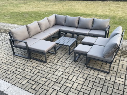 Fimous 12 Seater Patio Outdoor Garden Furniture Aluminium Lounge Corner Sofa Set with Square Coffee Table with 3 Footstools Dark Grey