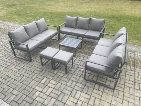 Fimous Aluminium 11 Seater Outdoor Garden Furniture Set Patio Lounge Sofa with Square Coffee Table 2 Small Footstools Conservatory Set Dark Grey