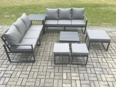 Fimous Aluminium 9 Seater Outdoor Garden Furniture Lounge Sofa Set with Square Coffee Table 3 Footstools Side Table Dark Grey