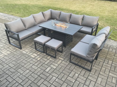 Fimous Aluminium 11 Seater Lounge Corner Sofa Outdoor Garden Furniture Sets Gas Fire Pit Dining Table Set with 2 Small Footstools Dark Grey
