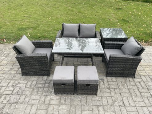 Fimous 6 Seater Outdoor Garden Furniture High Back Rattan Sofa Dining Table Set with SideTable 2 Small Footstools Dark Grey Mixed