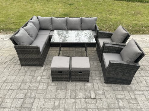 Fimous Rattan Garden Furniture Corner Sofa Set with Oblong Dining Table 2 Small Footstools 2 Armchairs Outdoor Wicker Rattan Set Dark Grey Mixed