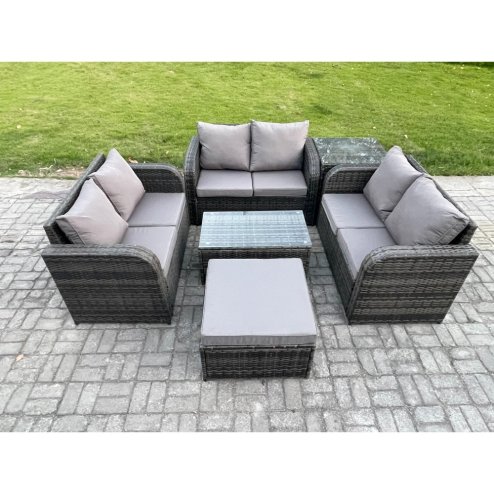 Fimous Outdoor Garden Furniture Sets 7 Seater Wicker Rattan Furniture Sofa Sets with Rectangular Coffee Table Love Sofa Big Footstool Side Table Dark Grey Mixed