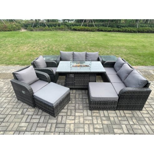 Fimous Rattan Outdoor Furniture Gas Fire Pit Rectangle Dining Table Gas Heater Reclining Chair 3 Seater Sofa Sets with Side Table 10 Seater