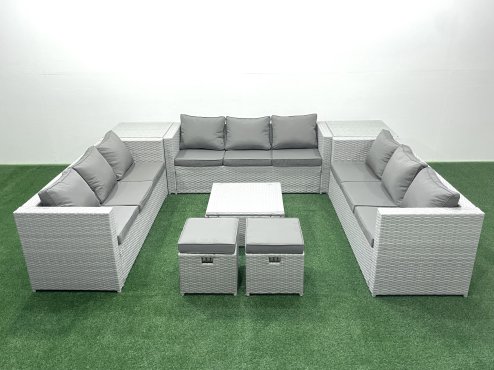 Fimous Rattan Garden Outdoor Furniture Set 11 Seater Rattan Garden Sofa Set with 2 Small Footstool 2 Side Tables Light Grey Mixed