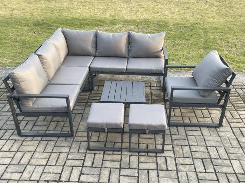 Fimous Outdoor Garden Furniture Set Aluminium Lounge Sofa Square Coffee Table Sets with Chair 2 Small Footstools Indoor Conservatory Set Dark Grey
