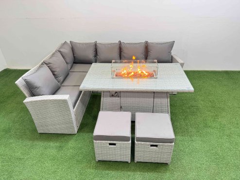 Fimous 8 Seat Rattan Garden Furniture Corner Sofa Set Outdoor Gas Fire Pit Table Sets with 2 Small Footstools Light Grey