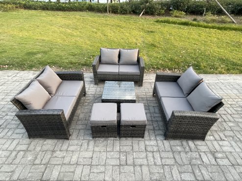Fimous Outdoor Lounge Sofa Set Wicker PE Rattan Garden Furniture Set with Square Coffee Table Double Seat Sofa 2 Small Footstools Dark Grey Mixed