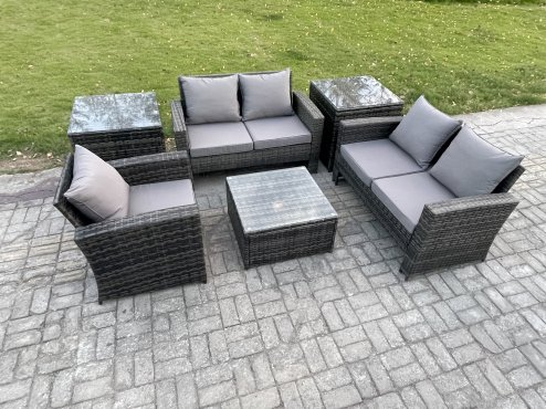 Fimous Outdoor Rattan Garden Furniture Set Conservatory Patio Sofa Coffee Table Set with Chair 2 Side Tables Dark Grey Mixed
