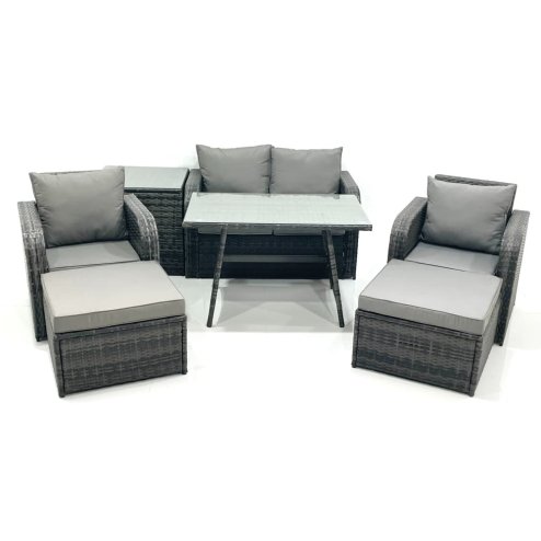 Fimous Outdoor Garden Furniture Set Rattan Sofa Dining Table Set with Reclining Chair 2 Big Footstool Side Table Dark Grey Mixed