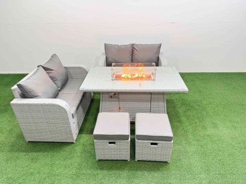 Fimous 6 Seater Outdoor Love Sofa Set Rattan Garden Furniture Set with Firepit Dining Table 2 Small Stools Light Grey